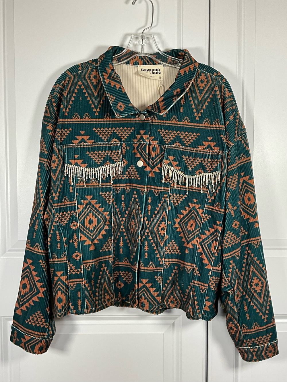 Savanna Jane Jacket Size 1X Teal & Rust Aztec Print Corduroy Fringe Western NWT